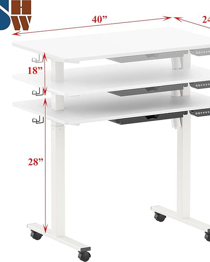 SHW Small Electric Height Adjustable Mobile Sit Stand Desk with Drawer, Hanging Hooks and Cable Management, 40 x 24 Inches, White - LeafyLoom
