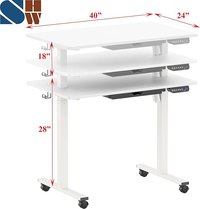 SHW Small Electric Height Adjustable Mobile Sit Stand Desk with Drawer, Hanging Hooks and Cable Management, 40 x 24 Inches, White - LeafyLoom