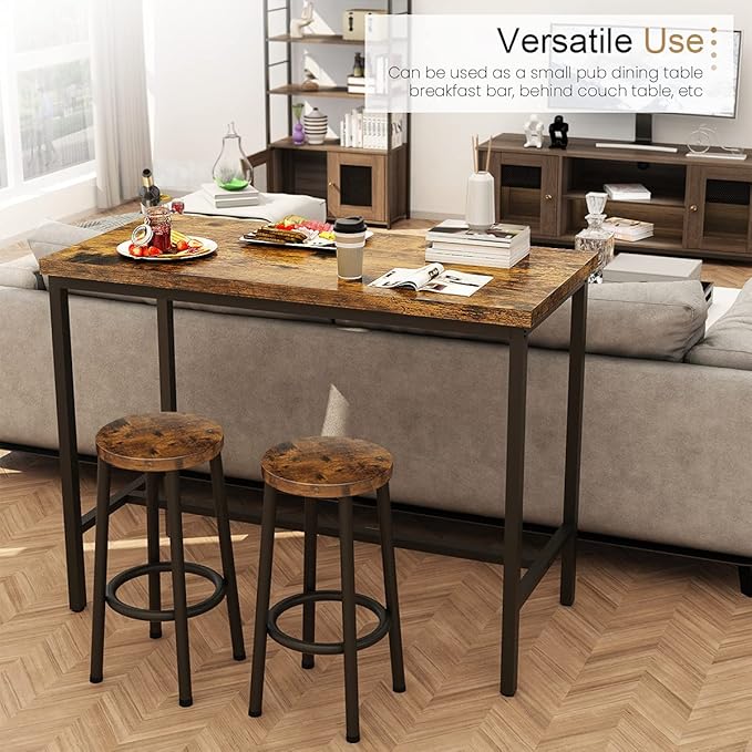 Recaceik 3 Piece Pub Dining Set, Modern bar Table and Stools for 2 Kitchen Counter Height Wood Top Bistro Easy Assemble for Breakfast Nook Living Room Small Space Restaurant, Rustic Brown 39” - LeafyLoom
