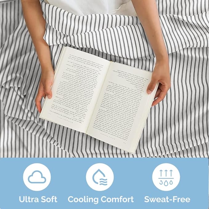 Cal King Size 4 Piece Sheet Set - Comfy Breathable & Cooling Sheets - Hotel Luxury Bed Sheets for Women & Men - Deep Pockets, Easy-Fit, Soft & Wrinkle Free Sheets - Grey Stripes Oeko-Tex Bed Sheet Set - LeafyLoom