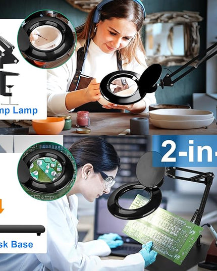 【Upgrade Head Dual Dimmer】 10X Magnifying Glass with Light and Stand, HITTI 2-in-1 LED Lighted Magnifier Large Base & Clamp, Infinite Color Stepless Dimming Magnifying Lamp for Painting Craft Reading - LeafyLoom