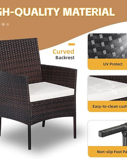 Patio Set 3 Piece Outdoor Rattan Porch Furniture with Tempered Glass Side Table & Cushion All Weather Conversation Bistro Set for Balcony,Deck,Porch (Brown/Beige) - LeafyLoom