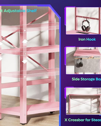 Bestier Gaming Desk with Power Outlets, 61 Inch Large Led Gamer Desk with 4 Tiers Reversible Shelves, PC Gaming Table with Headset Hook & Side Storage Bag for Bedroom (Pink 3D Carbon Fiber) - LeafyLoom