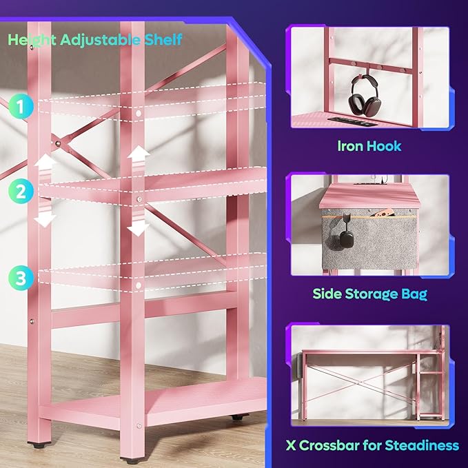 Bestier Gaming Desk with Power Outlets, 61 Inch Large Led Gamer Desk with 4 Tiers Reversible Shelves, PC Gaming Table with Headset Hook & Side Storage Bag for Bedroom (Pink 3D Carbon Fiber) - LeafyLoom