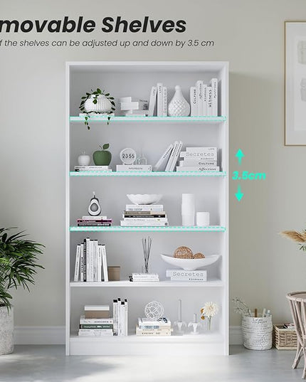 Farini 5 shelf boockase Display Bookcase Freestanding Wooden Bookshelves for Home Office Living Room,60 Inch Height,White - LeafyLoom