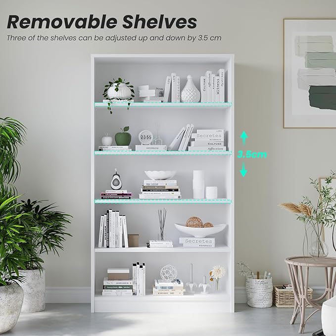 Farini 5 shelf boockase Display Bookcase Freestanding Wooden Bookshelves for Home Office Living Room,60 Inch Height,White - LeafyLoom