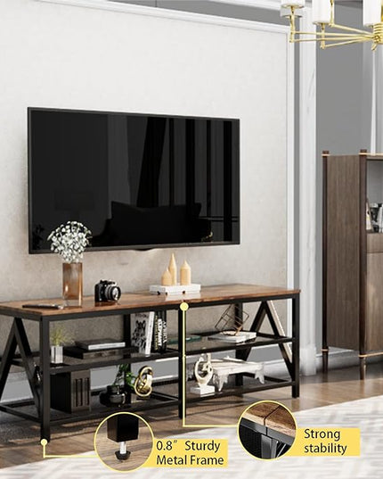 TV Stand for TV up to 65 Inch, Long 55" TV Cabinet with 3-Tier Storage Shelves,Entertainment Center TV Console Table for Living Room with Industrial TV Metal Frame, Rustic Brown - LeafyLoom