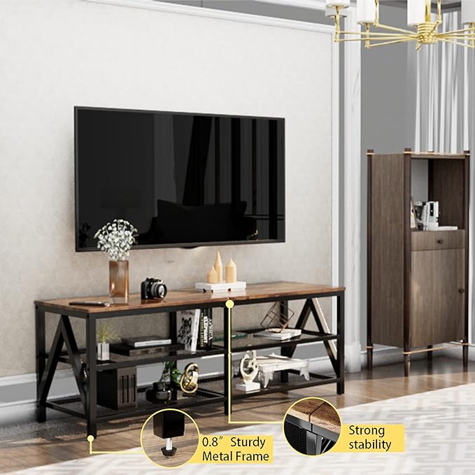 TV Stand for TV up to 65 Inch, Long 55" TV Cabinet with 3-Tier Storage Shelves,Entertainment Center TV Console Table for Living Room with Industrial TV Metal Frame, Rustic Brown - LeafyLoom