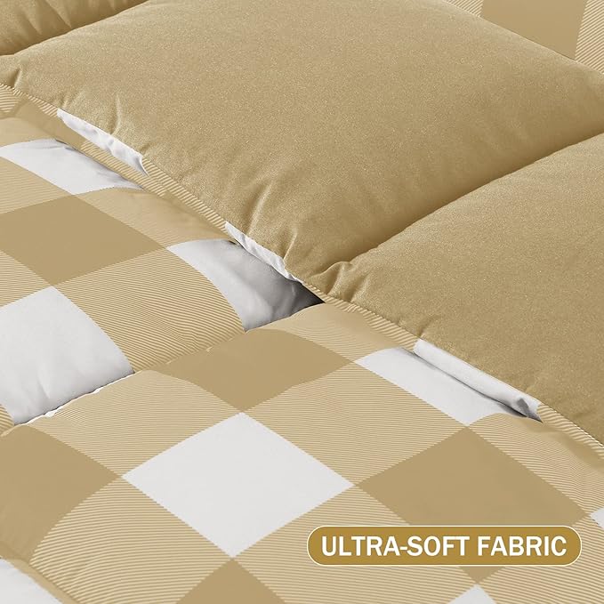 downluxe Lightweight Plaid Comforter Set (King) with 2 Pillow Sham - 3-Piece Set - Khaki/White Plaid - Down Alternative Reversible Comforter - LeafyLoom