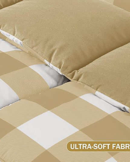 downluxe Lightweight Plaid Comforter Set (Twin) with 1 Pillow Sham - 2-Piece Set - Khaki/White Plaid - Down Alternative Reversible Comforter - LeafyLoom