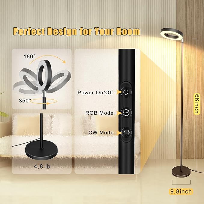 Smart Floor Lamp 42W 3700LM, Double-sided Super Bright Torchiere LED Floor Lamps Work with Alexa Google Home, 2700K-6500K Dimmable RGBCW Color Changing Tall Standing Light for Bedroom Living Room - LeafyLoom