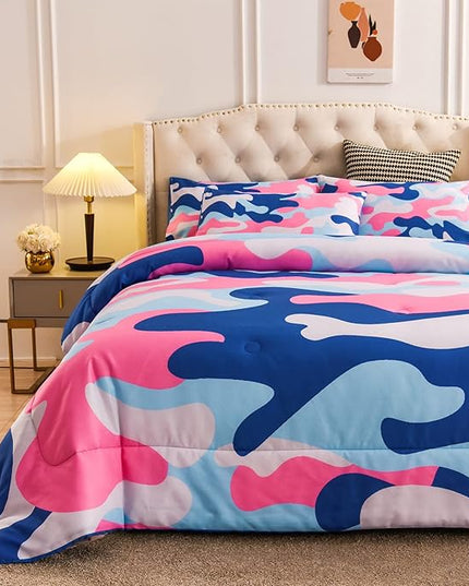 Meeting Story Camouflage Bedding Set, Colorful Pattern Style Queen Camouflage Comforter Set, 3 PCS 1 Comforter and 2 Pillowcases in 1 Bag, All Season Bedspread for Kids Teens Adults (Blue, Queen) - LeafyLoom
