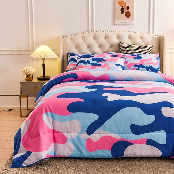 Meeting Story Camouflage Bedding Set, Colorful Pattern Style Twin Camouflage Comforter Set, 3 PCS 1 Comforter and 2 Pillowcases in One Bag, All Season Bedspread for Kids Teens Adults (Blue, Twin) - LeafyLoom