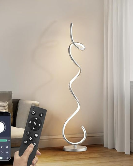 Modern Floor Lamps for Living Room, LED 53" Tall 30W Silver Spiral Corner Floor Lamp with Remote, 3 Color Temperature, Stepless Dimmable, Bright Standing Lamp for Bedroom Home Office Deco - LeafyLoom