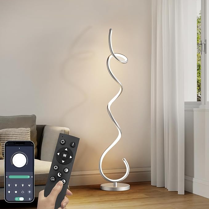 Modern Floor Lamps for Living Room, LED 53" Tall 30W Silver Spiral Corner Floor Lamp with Remote, 3 Color Temperature, Stepless Dimmable, Bright Standing Lamp for Bedroom Home Office Deco - LeafyLoom