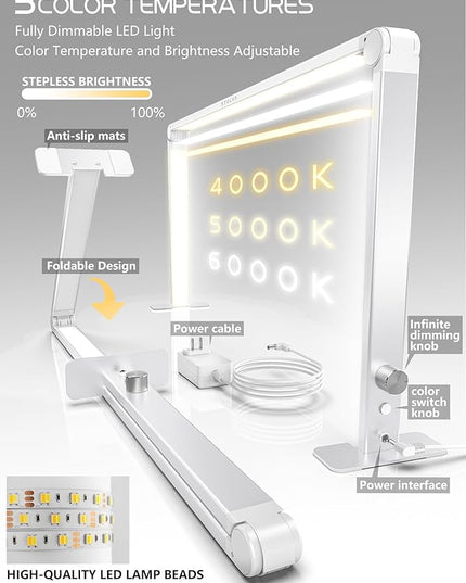 LED Desk Lamp 36W, 4000-6000K Dimmable Table Lamp, 3 Lighting Modes, Square Desk Light for Study, Model Building, Painting, Crafting-White - LeafyLoom