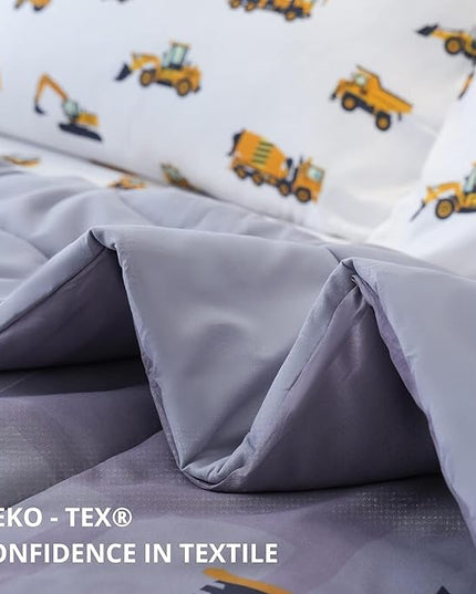 Full Size Comforter Set for Boys, 4-Piece Bed in a Bag, 3D Construction Bedding Comforter Sheet Set, Ultra Soft and Fluffy, Cartoon Truck Cars - LeafyLoom