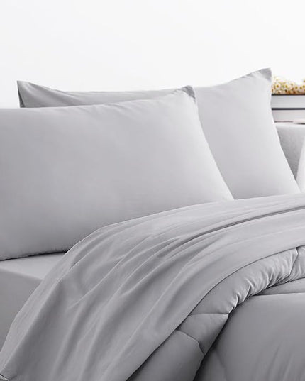 NTBAY Twin Comforter Set with Sheets, 5 Pieces Soft and Breathable Twin Bedding Set, Twin Bed in a Bag, Down Alternative Comforter Set Solid Color All Season, Kids Bedding Set, Light Grey - LeafyLoom