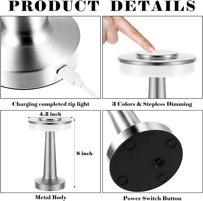 Set of 8 LED Portable Cordless Table Lamp with Touch Sensor 3 Color Stepless Dimming Rechargeable Battery up to 15 Hours Cordless Lamp Table Light Wireless Lamp for Kids Nursery (Silver) - LeafyLoom