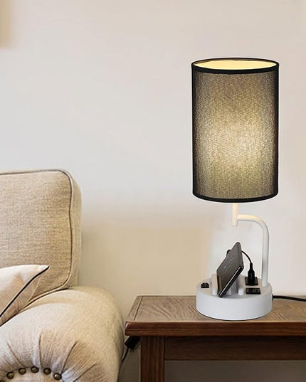 Dreamholder Table Lamp with 3 USB Charging Ports, Modern Desk Lamp with AC Outlet and Phone Stands, Perfect Bedside Lamp for Bedroom, Living Room, Office (Pack of 2), White&Black - LeafyLoom