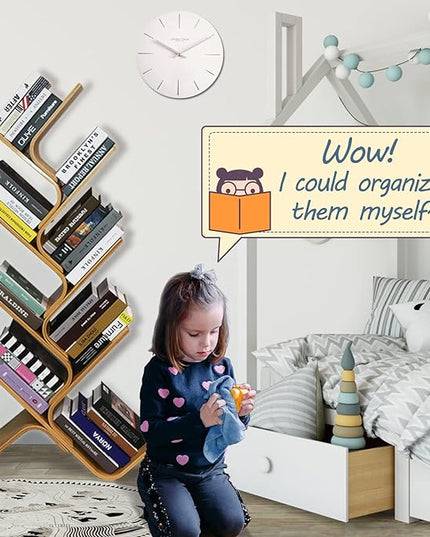Bamboo Tree Bookshelf, 8-Tier Wood Bookcase, Free Standing Book Organizer Shelves, Books/Albums/Files Holder Display Storage Rack Space Saver for Living Room Bedroom-Log 55x23x5inch - LeafyLoom