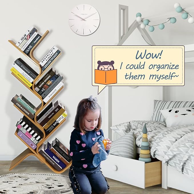 Bamboo Tree Bookshelf, 8-Tier Wood Bookcase, Free Standing Book Organizer Shelves, Books/Albums/Files Holder Display Storage Rack Space Saver for Living Room Bedroom-Log 55x23x5inch - LeafyLoom