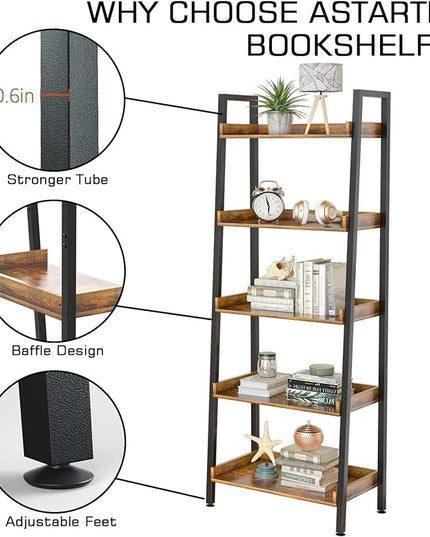 ASTARTH Ladder Shelf-5 Tier Bookshelves w/Open Shelf for Storage, Industrial Bookshelf & Tall Ladder Shelf-Metal Frame for Bedroom, Living Room, Kitchen-67.3'' H, Easy Assembly, Rustic Brown - LeafyLoom