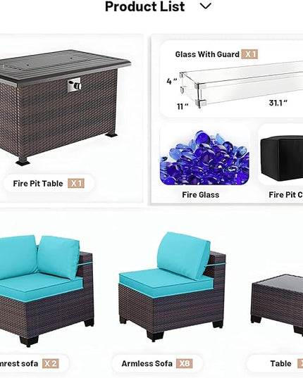 Kullavik 15 Pieces Outdoor Patio Furniture Set with 43" Gas Propane Fire Pit Table PE Wicker Rattan Sectional Sofa Patio Conversation Sets,Blue Cushions - LeafyLoom