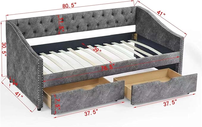 Twin Size Mid-Century Daybed, 2 Storage Drawers,Linen Button Upholstered Tufted Bed, Copper Nail on Waved Shape Arms, No Box Spring Needed, for Bedroom, Livingroom, Black - LeafyLoom