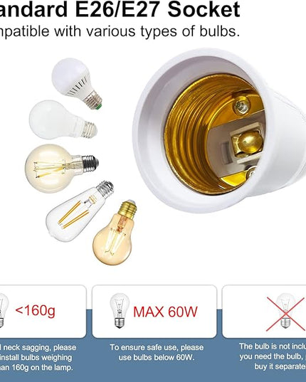 Clip Lamp Holder,Flexible Aluminum Neck Clamp Lights,360°Adjustable Clamp Light Socket,E26/E27 Clamp Light Fixture with 220CM Switch and Plug Cable,Clip Desk Lamp Holder for Study Work Reading,No Bulb - LeafyLoom