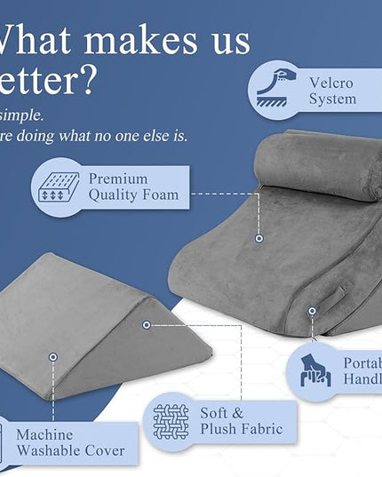 Axelrod 4PCS Orthopedic Bed Wedge Pillow Set, Post Surgery Foam for Back, Neck and Leg Pain Relief Comfortable & Adjustable Ortho Pillows- Anti Snoring, Heartburn, Acid Reflux & GERD Sleeping Grey - LeafyLoom