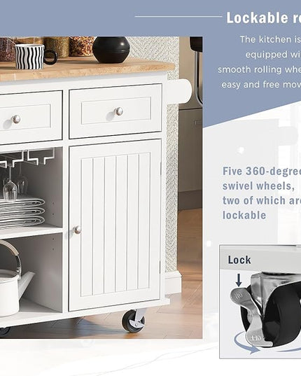 Kitchen Island with Storage, Rolling Table on Wheels w/Power Outlet, Drop Leaf and Rubber Wood Contertop, Wine Rack for Dinning Room - LeafyLoom