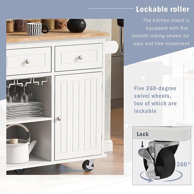 Kitchen Island with Storage, Rolling Table on Wheels w/Power Outlet, Drop Leaf and Rubber Wood Contertop, Wine Rack for Dinning Room - LeafyLoom