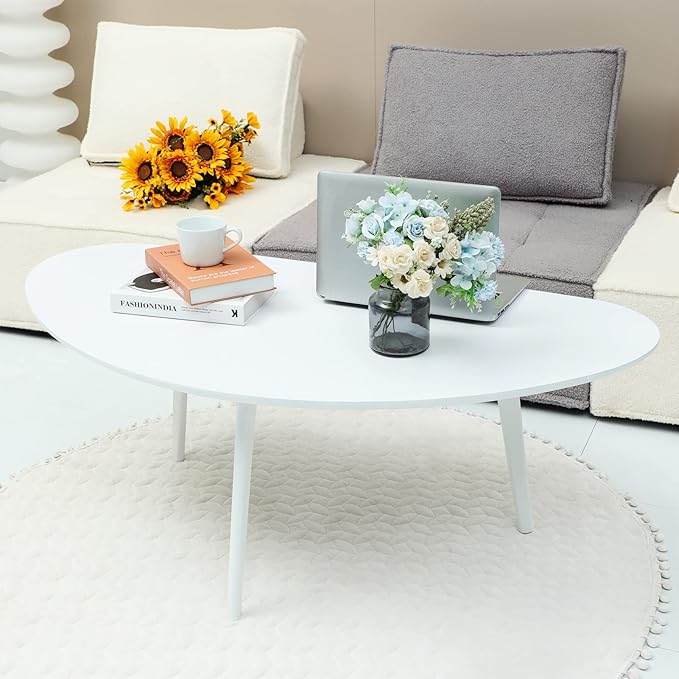 FIRMINANA Mid Century Modern Coffee Table,Large Oval White Coffee Table for Living Room,for Small Spaces,White-47.3" W x 23.63" D x 17.72" H - LeafyLoom