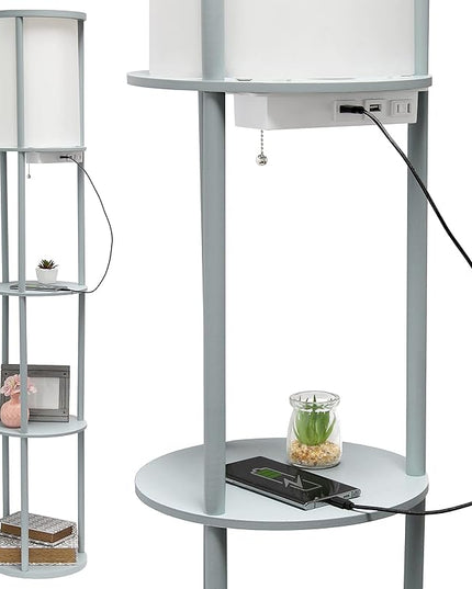 Simple Designs LF2010-GRY 62.5" Round Modern Shelf Etagere Organizer Storage Floor Lamp with 2 USB Charging Ports, 1 Charging Outlet and Linen Shade for Living Room Bedroom, Gray, 11.5 x 11.5 x 62.5 - LeafyLoom