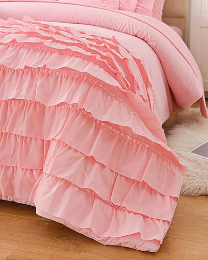 A Nice Night Waterfall Flutter Ruffle Comforter Set,Ruffled Textured Soft Chic Princess 6pcs Bedding Set,with Bling Shiny Sequin Throw Pillow Case,Pink,Twin - LeafyLoom