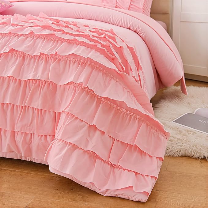 A Nice Night Waterfall Flutter Ruffle Comforter Set,Ruffled Textured Soft Chic Princess 6pcs Bedding Set,with Bling Shiny Sequin Throw Pillow Case,Pink,Twin - LeafyLoom
