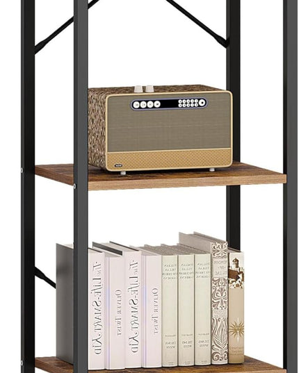 Bookshelf, Book Shelf, Industrial Bookcase with 2 Hooks, Coner Shelf Storage Organizer for Home Office, Living Room, Bedroom, Kitchen, 5-Tier Rustic Brown BC10501B - LeafyLoom