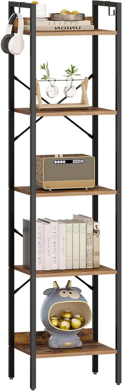 Bookshelf, Book Shelf, Industrial Bookcase with 2 Hooks, Coner Shelf Storage Organizer for Home Office, Living Room, Bedroom, Kitchen, 5-Tier Rustic Brown BC10501B - LeafyLoom