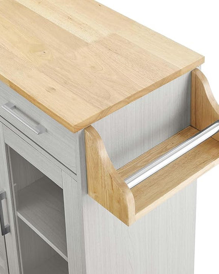 Modway Culinary Rolling Kitchen Cart with Storage in White Natural - 3 Tiers Kitchen Island on Wheels with Spice Rack, Functional as a Coffee Station, Bar Cabinet or Butcher Block Island - LeafyLoom