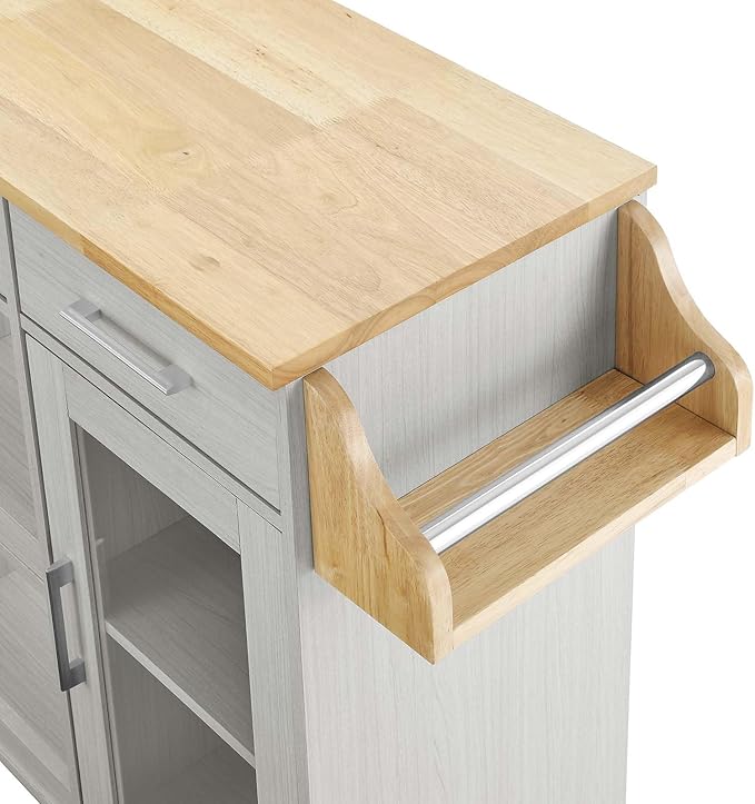 Modway Culinary Rolling Kitchen Cart with Storage in White Natural - 3 Tiers Kitchen Island on Wheels with Spice Rack, Functional as a Coffee Station, Bar Cabinet or Butcher Block Island - LeafyLoom