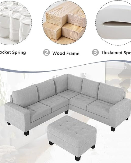 Sectional Sofa Couch w/Ottoman & Chaise, Upholstered L Shape Modular Sofa&Couch,Button Tufted Comfy for Living Room Furniture Sets, Home, LIGHT GREY CupHolders - LeafyLoom