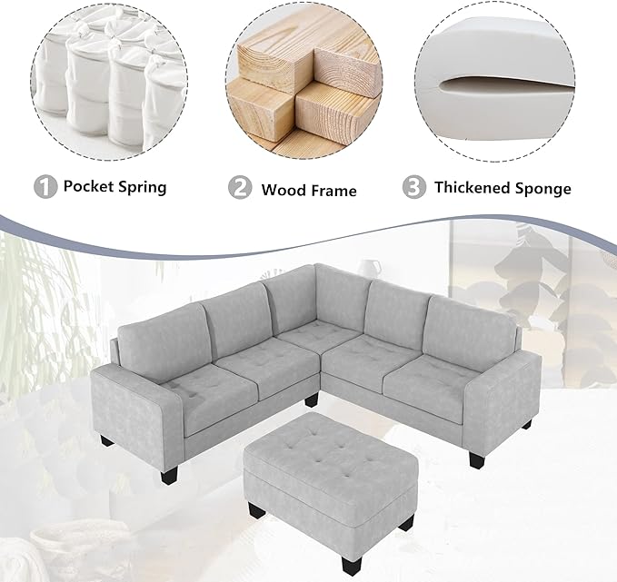 Sectional Sofa Couch w/Ottoman & Chaise, Upholstered L Shape Modular Sofa&Couch,Button Tufted Comfy for Living Room Furniture Sets, Home, LIGHT GREY CupHolders - LeafyLoom