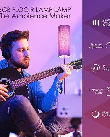 Floor Lamps for Living Room, Modern Floor Lamp with RGB LEDs Bulb,Dimmable Floor Lamp with App Control & Remote Control,Tall Reading Lamp for Bedroom, Living Room, Office,Black Lampshade - LeafyLoom