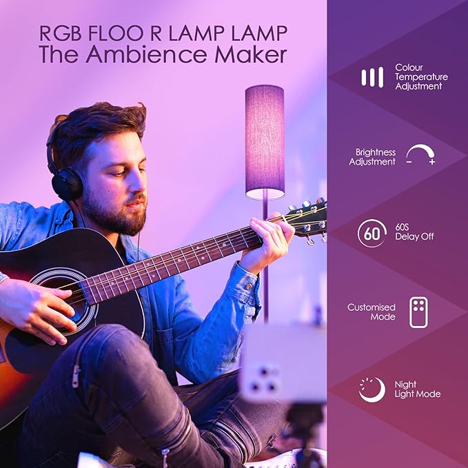 Floor Lamps for Living Room, Modern Floor Lamp with RGB LEDs Bulb,Dimmable Floor Lamp with App Control & Remote Control,Tall Reading Lamp for Bedroom, Living Room, Office,Black Lampshade - LeafyLoom