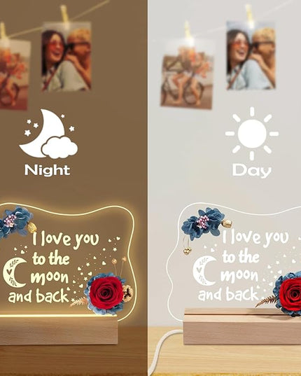Yamonic Valentines Day Gifts for Her, Handmade Acrylic Plaque with Eternal Real Rose, Night Light with Preserved Rose Romantic Gifts for Girlfriend Wife Women (to The Moon and Back) - LeafyLoom