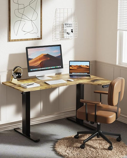 Electric Standing Desk, Height Adjustable Sit Stand up Desk, L-Shaped Memory Home Office Desk With Hook, 55 x 34 inch, Rustic - LeafyLoom