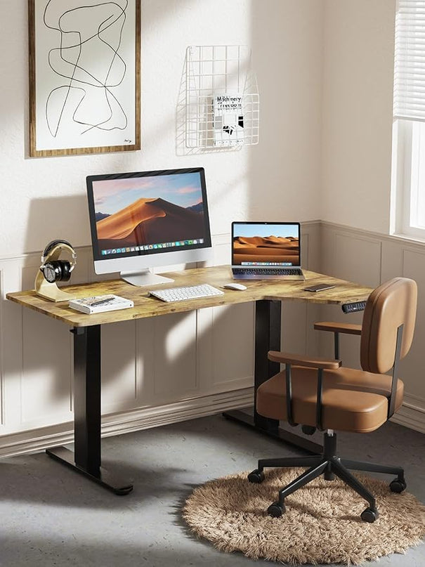 Electric Standing Desk, Height Adjustable Sit Stand up Desk, L-Shaped Memory Home Office Desk With Hook, 55 x 34 inch, Rustic - LeafyLoom