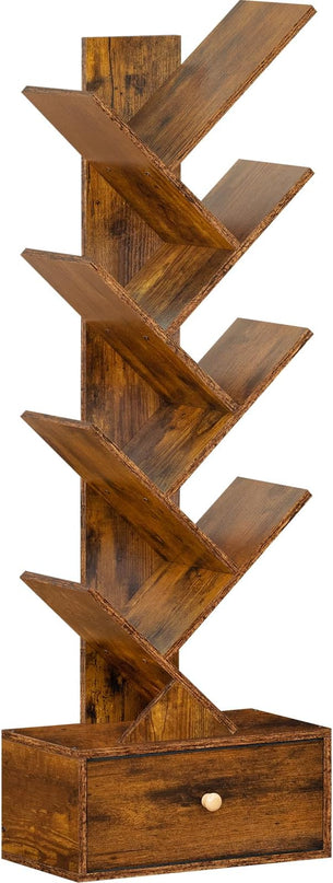 8 Tier Tree Bookshelf with Drawer, Free Standing Wood Bookcase for Narrow Space, Storage Organizer Bookshelves for Books, Book Case for Home Office, Living Room, Bedroom, Rustic Brown - LeafyLoom