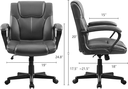 Executive Office Chair Mid Back Swivel Computer Task, Ergonomic Leather-Padded Desk Seats with Lumbar Support,Armrests, Gray - LeafyLoom
